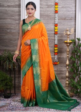 Designer Orange and Green Silk Saree