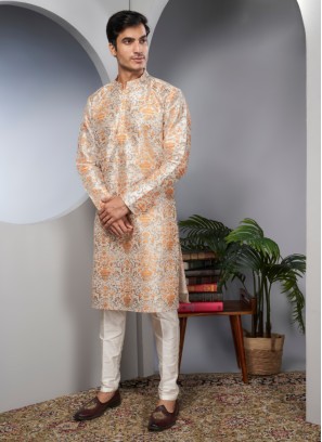 Designer Orange Printed Kurta Pajama In Art Silk