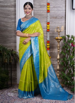 Designer Parrot Green Color Silk Saree,