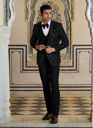 Designer Party Wear Black Velvet Tuxedo Set