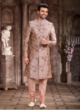 Designer Peach Color Indowestern Set For Men