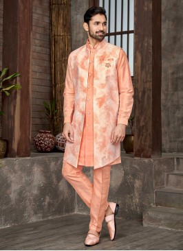 Designer Peach Color Jacket Style Indowestern Set