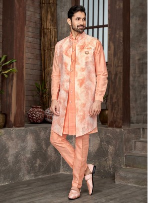 Designer Peach Color Jacket Style Indowestern Set