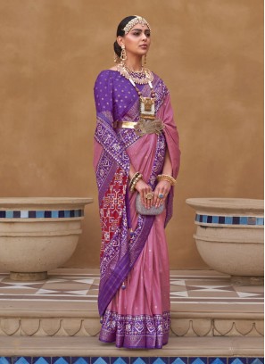 Designer Pink and Violet Patola Silk Saree