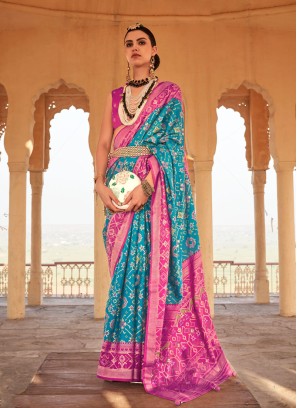 Elegant Pink & Blue Weaving Patola Silk Saree