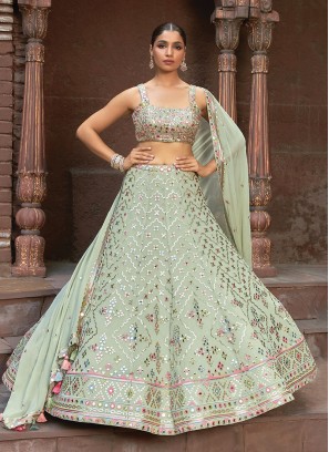 Designer Pista Green Chiffon Embroidered Lehenga Choli