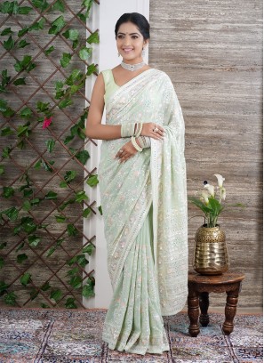 Designer Pista Green Chiffon Saree