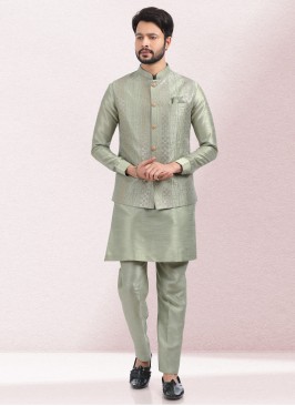Designer Pista Green Embroidered Nehru Jacket Set