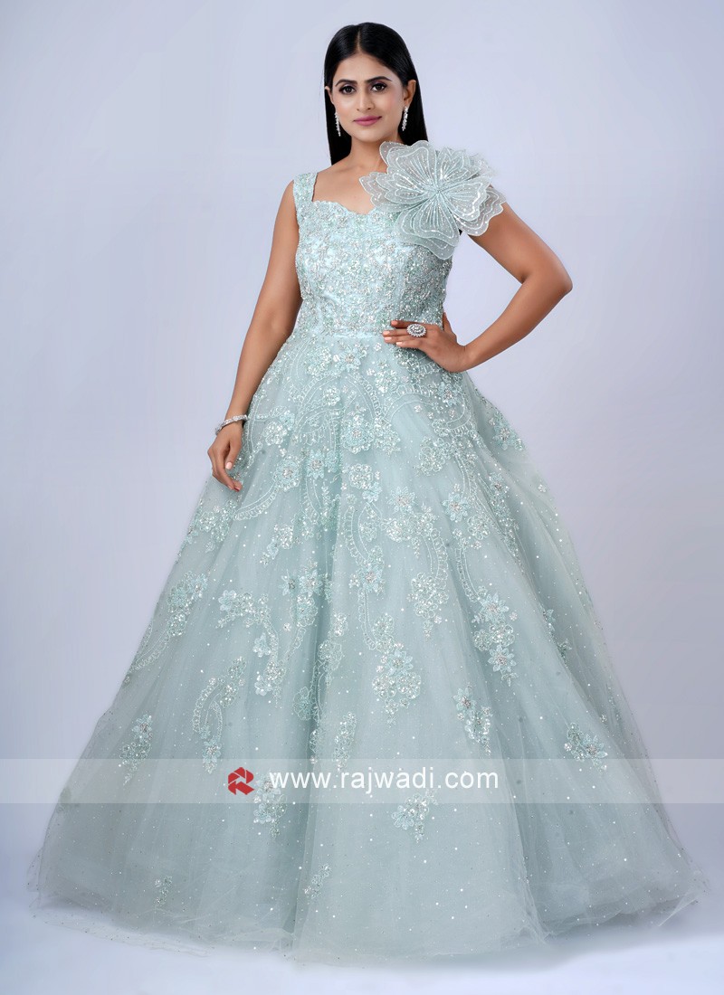 Designer Pista Green Gown With Floral Patch Work