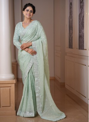 Designer Pista Green Organza Saree For Women