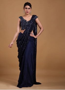 Designer Pleated Saree In Navy Blue