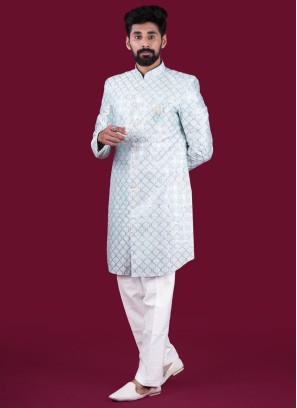 Designer Powder Blue Indowestern In Art Silk