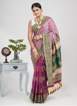 Designer Purple and Green Embroidered Silk Saree