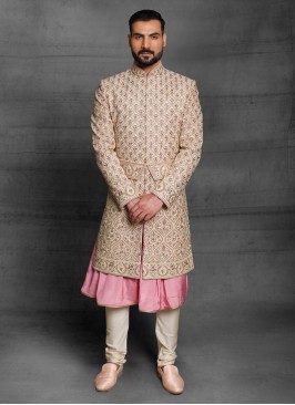 Designer Raw Silk Anarkali Groom Sherwani