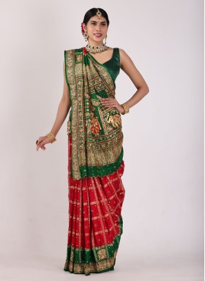 Designer Red and Green Gharchola Saree