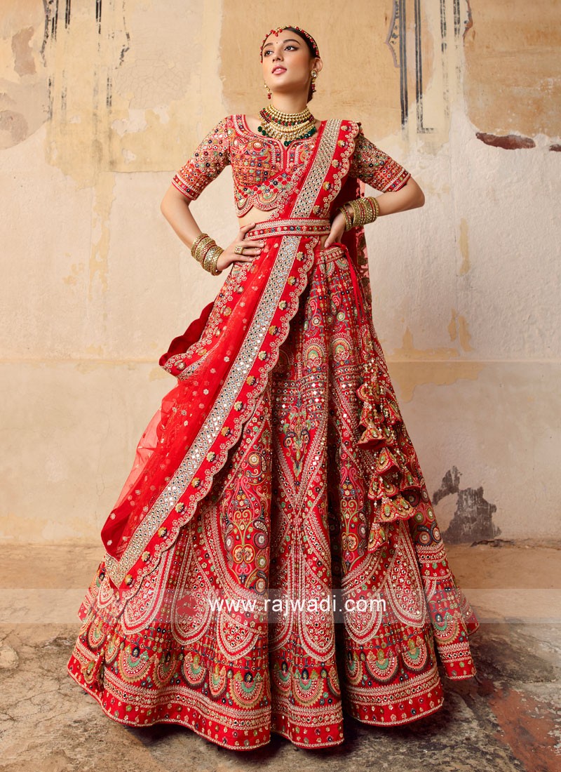 Designer Pure Silk Zari Work Red Bridal Lehenga For Women India