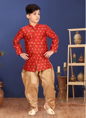 Designer Red Color Indowestern Set For Boys