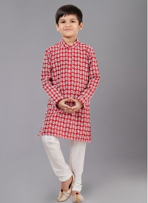 Designer Red Cotton Silk Kurta Pajama