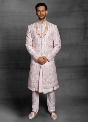 Designer Resham Work Sherwani In Pink Color