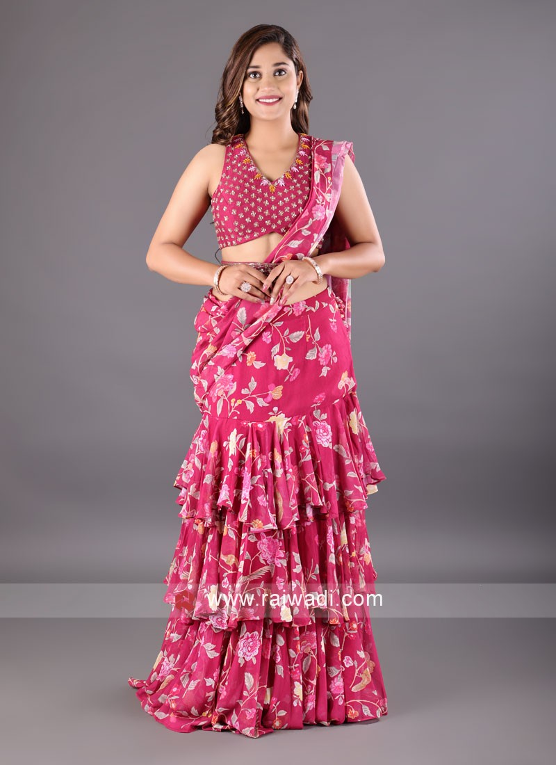 Buy Blue N Pink Embroidered Ruffle Saree N Blouse Set Party Wear Online at  Best Price | Cbazaar