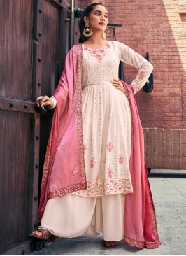 Baby Pink Georgette Embroidered Flared Kurti with Palazzo