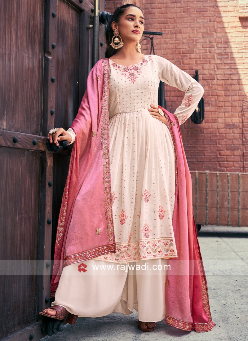 Baby Pink Georgette Embroidered Flared Kurti with Palazzo