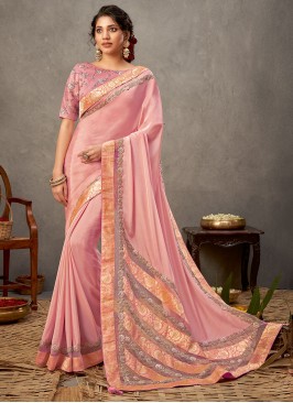 Designer Saree Embroidered Satin Silk in Pink