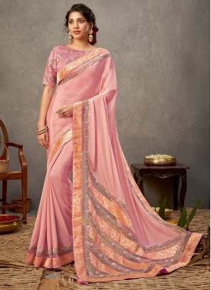 Designer Saree Embroidered Satin Silk in Pink