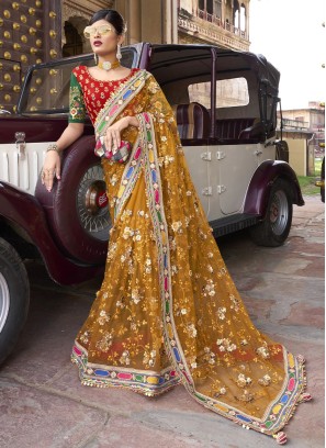 Designer Thread Embroidered Net Saree in Mustard Yellow