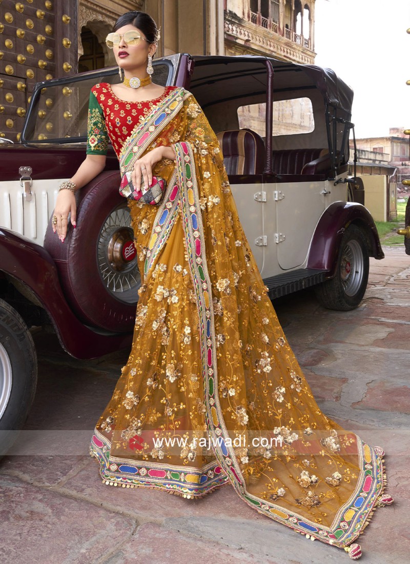 Designer Thread Embroidered Net Saree in Mustard Yellow