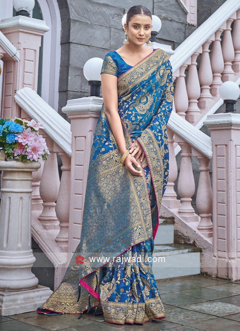 Satin Chiffon Designer Saree In Green and Blue Colour - SR5130942