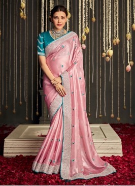 Designer Satin Silk Pink Saree With Zari Broder