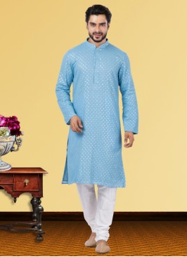 Designer Sequins Embroidery Sky Blue Kurta Pajama