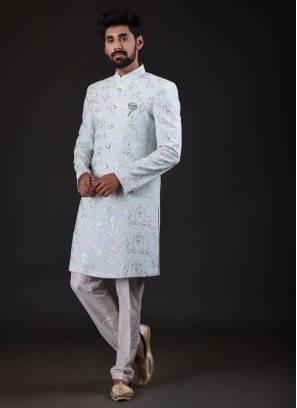 Designer Sequins Work Indowestern In Pista Green