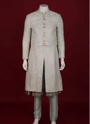 Designer Sequins Work Sherwani In Pista Green Color