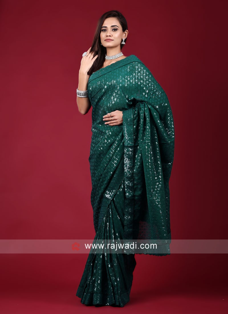 Buy Peacock Blue Swarovski Semi Crepe Saree - Koskii