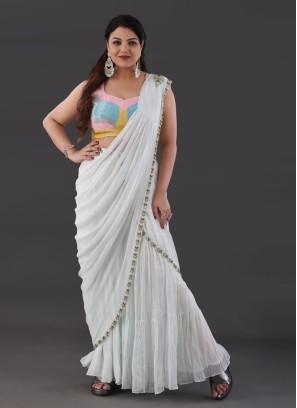 Pista Sharara Style Saree With Embroidered Blouse