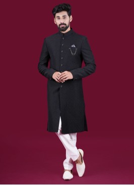 Designer Silk Indowestern In Black