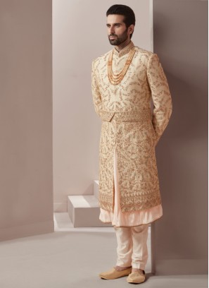 Designer Silk Sherwani In Embroidered Work