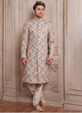 Designer Silk Sherwani In Multi Colour Thread Work