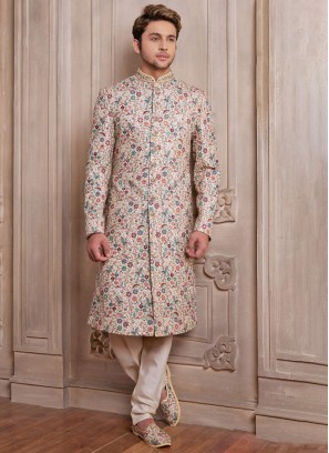 Designer Silk Sherwani In Multi Colour Thread Work