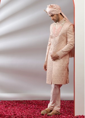 Designer Silk Sherwani In Peach Cream