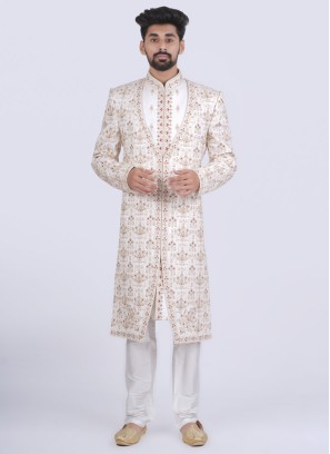 Designer Silk Sherwani In White Color