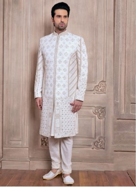 Designer Silk Sherwani In White Colour