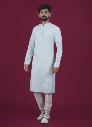 Designer Sky Blue Cotton Kurta Pajama