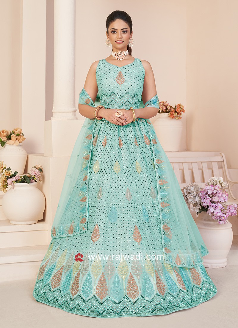 Sky blue lehenga choli with rich embroidery and sequin work – Lagorii Kids
