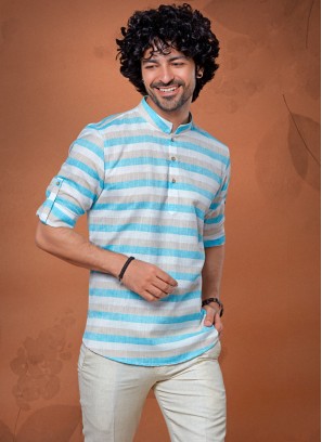 Designer Sky Blue Striped Mens Kurta