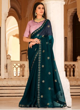 Designer Teal Blue Sequins Embroidered Traditional Saree