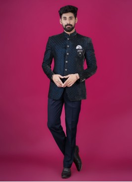 Designer Teal Blue Thread Embroidered Jodhpuri Suit For Men