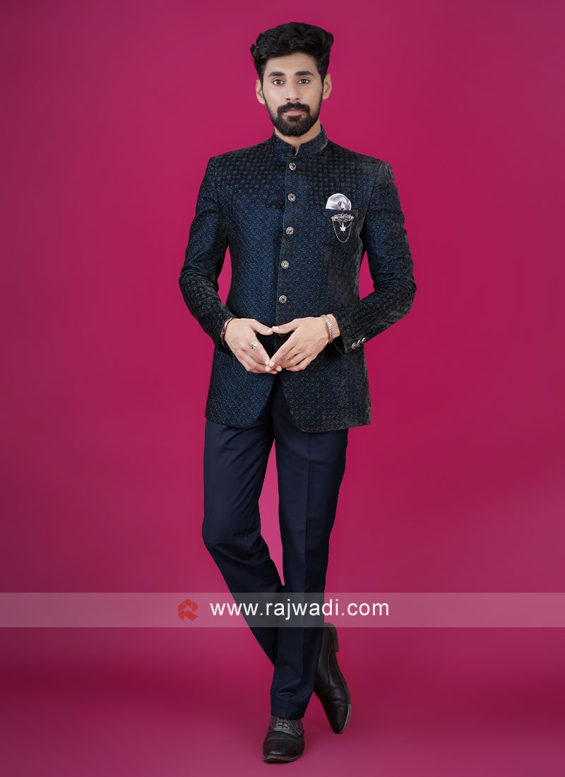 Designer Teal Blue Thread Embroidered Jodhpuri Suit For Men